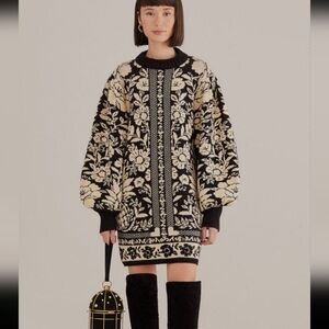 Farm Rio Black Pineapple Garden Mini Sweater Dress - Black and Cream Knit Dress